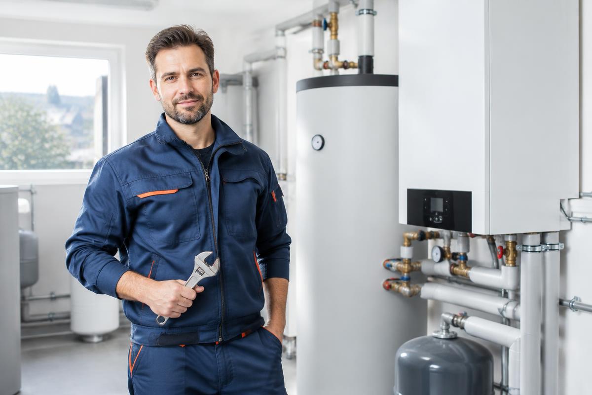 Haustechniker in einem modernen Heizungsraum
